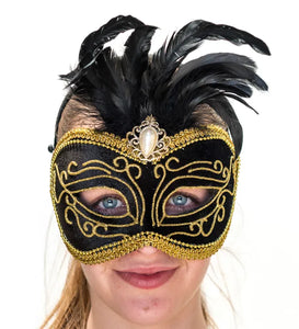 Masquerade Mask - Black/Gold with feathers MJ563
