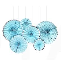 Paper Fan Set of 6 Pastel Blue & Silver