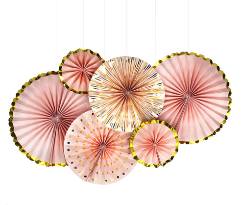 Paper Fan Set of 6 Peach and Gold
