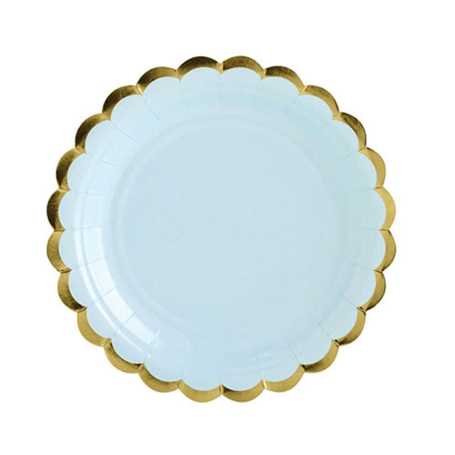 Pale Blue paper plates with Gold Scallop Edging - Dinner
